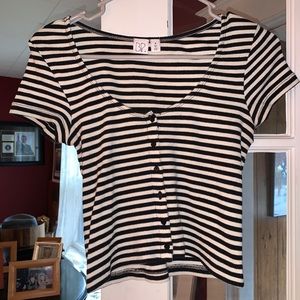 Black and White Striped Crop Top with Buttons